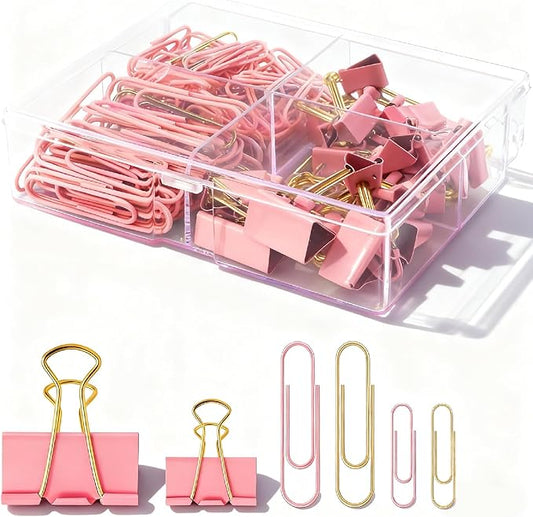 180 Pcs Pastel Pink & Gold Paper Clips and Binder Clips Set Assorted Size Office Desk Supplies for Paper Organization, School Planners, Home Document Fasteners (Metal Clips Kit)