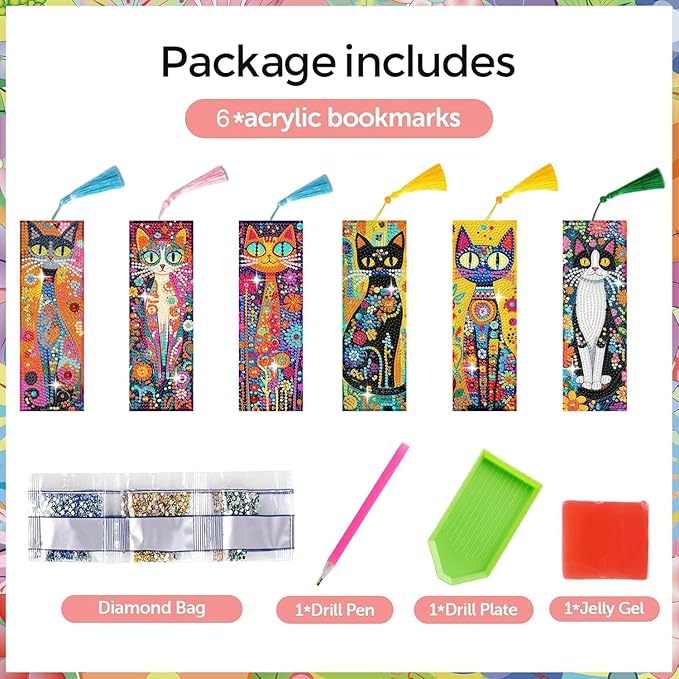 Puraikcmi 6 PCS 5D DIY Diamond Art Bookmarks Kit Cats Diamond Paintings Bookmarks Kits with Tassels Acrylic, Rhinestone Crafts Decoration Gift Set for Book Lovers Beginners & Adults