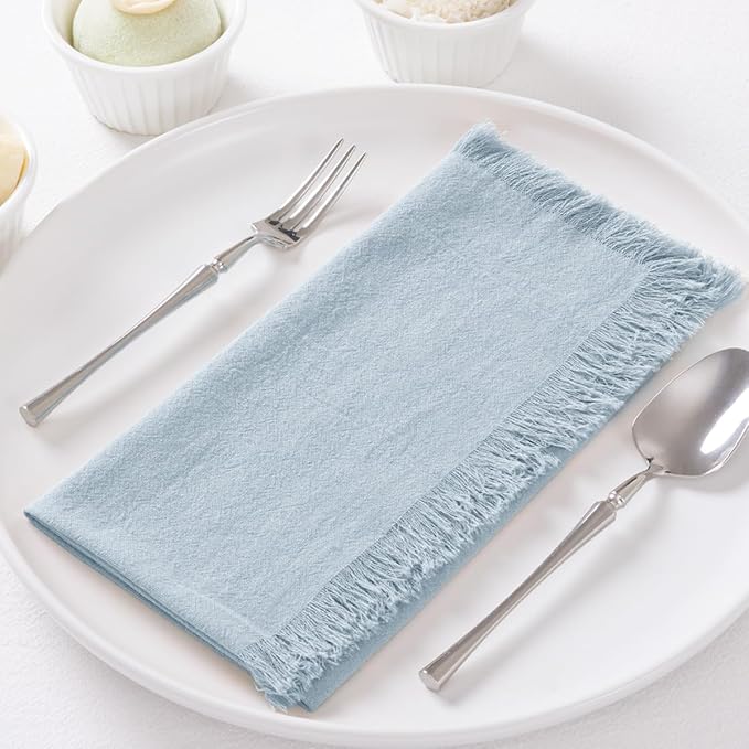 6 Pack Gray- Blue Cotton Linen Napkins with Fringe Spring Cloth Napkins Set of 6 Boho Handmade Dinner Napkins Bulk for Wedding Bridal Baby Shower Valentine's Day, 17 x 17 Inches
