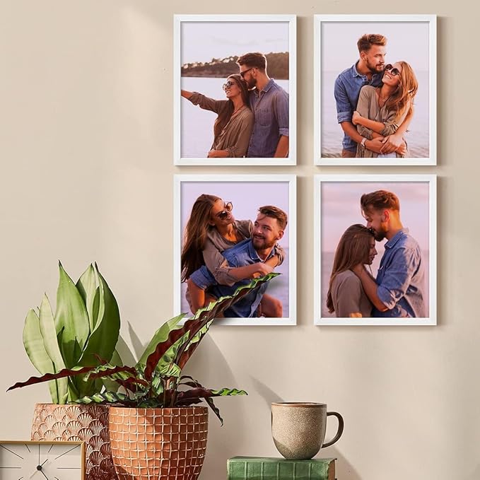 Renditions Gallery Set of 4, 11X14 Custom Photo Prints with Real Wood Picture Frames. Create Personalized Photos with Peel & Stick Photo Frames. White Frame
