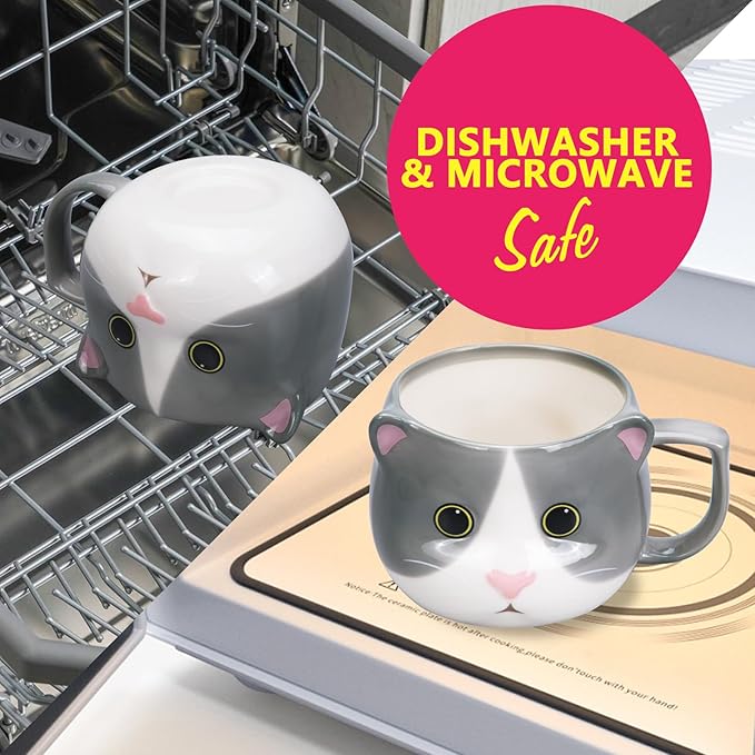Cat Mug 14 oz Cute Ceramic 3D Porcelain Tea Cup for Women, Kawaii Gifts for Cat Lovers, Christmas, Housewarming, Holiday, Birthday Gifts for Women, Mom, Kids, Men and Friends