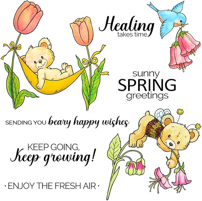 Spring Flower Bear Stamps and Cutting Dies for Card Making DIY Transparent Silicone Clear Stamp and Metal Die Cuts Sets for Scrapbooking Paper Greeting Cards Decor Seals Craft Supplies