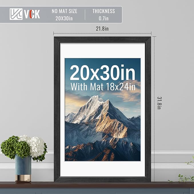 VCK 20x30 Frames Black Set of 5, Wide Border Wood, Display 18x24 Picture Photo with Mat or 20 x 30 without, for Home, Office, Gallery, Woodgrain Series, Wall Hanging