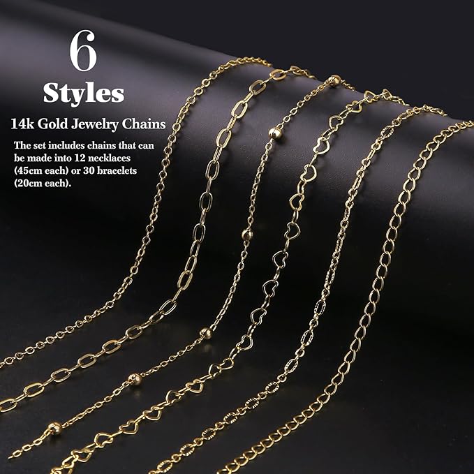 14K Gold Necklace Chain Kit for Jewelry Making, 20 Feet DIY Bracelet Chains with Jump Rings, Lobster Clasps, Connectors, Jewelry Pliers, 30 Colorful Graphic Charms & 36 Letter Pendants