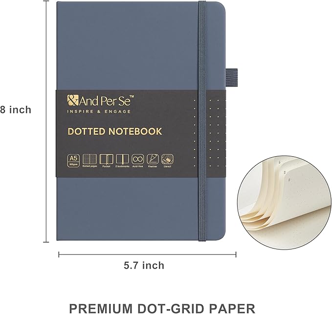 &And Per Se Bullet Dotted Journal Kit, A5 Hardcover Dotted Journaling Set (Dark Blue), 6 Fineliner Pens, 8 Sticker & 5 Stencil Sheets, 6 Washi Tapes with Giftable Box