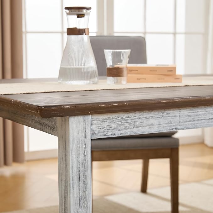 LZAREAL Farmhouse Dining Table for 4 6 Antiqued Solid Wood Dining Room Table Rectangular Color Blocking Kitchen Table for Dining Room Kitchen Restaurant, White and Walnut