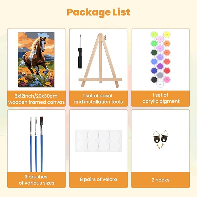 MXJSUA Horse Framed Paint by Numbers for Adults Beginners, Easy Adults' Paint-by-Number Kits on Canvas with Easel, Animal Acrylic Number Painting Crafts Kits Gifts for Home Decor, 8x12inch