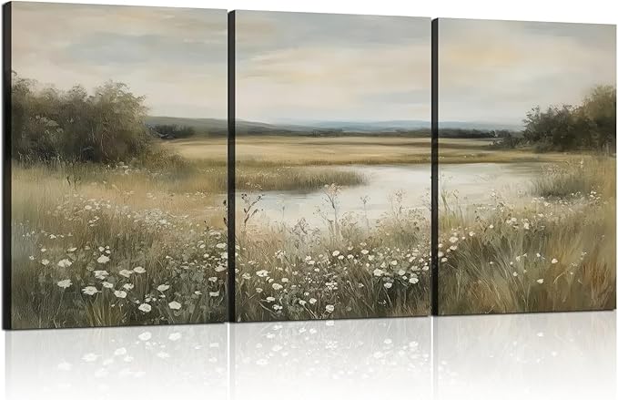 3 Pcs Framed Vintage Wildflower Canvas Wall Art Rustic River Pond Decor Landscape Botanical Print Posters Farmhouse Nature Scenery Pictures for Living Room Bedroom Kitchen 12x16 inch Ready to Hang