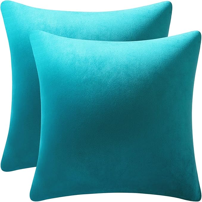 Throw Pillow Cases 18x18 Turquoise: 2 Pack Cozy Soft Velvet Square Decorative Pillow Covers for Farmhouse Home Decor