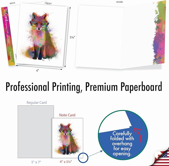 The Best Card Company - 20 Assorted Watercolor Animal Blank Notecards Box Set 4 x 5 In with Envelopes (10 Designs) Camp Note Cards Stationery Set, Funky Rainbow Wildlife AM4948OCB-B2x10