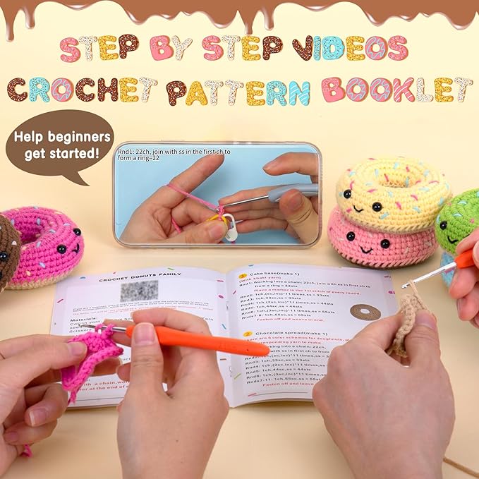 Crochet Kit for Beginners, Beginner Crochet Starter Kit w Step-by-Step Video Tutorials, Learn to Crochet Kits for Adults, DIY Knitting Supplies, 6-Pack Donuts (40%+ Yarn Content)