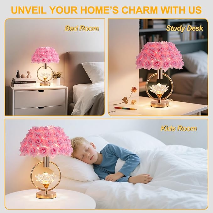Modern Pink Rose Table Lamp with Crystal 17IN Romantic Flower Bedside Lamp Princess Nightstand Lamp Creative Desk Light for Girl Bedroom Living Room Entry Hotel Wedding Christmas Gift