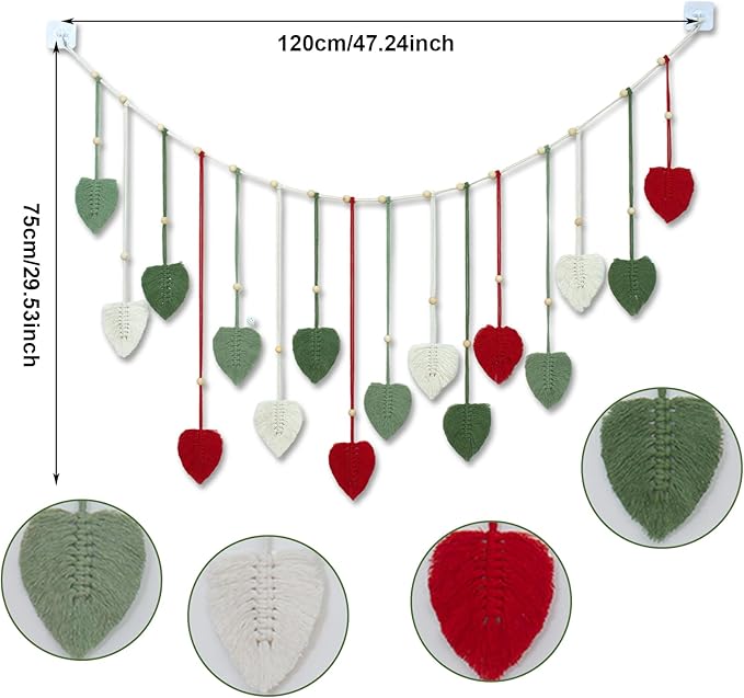 LB Christmas Macrame Wall Hanging Large, Red Feather with Wood Beads Boho Woven Tapestry Wall Hanging Macrame Wall Decor Handmade Red and Green Wall Art for Living Room Bedroom Nursery, 47x30 Inch