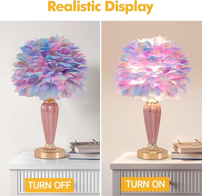 Colorful Feather Lamp Fluffy Table Lamp Furry Bedside Lamp Romantic Princess Lights Goose Feather Night Light for Bedroom Wedding Decor Valentines Dating Livingroom Hotel Office
