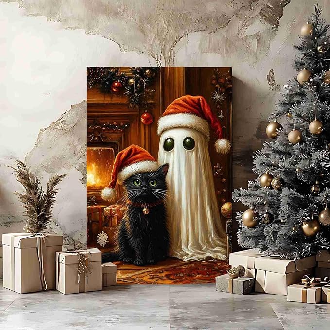 Christmas Pet Canvas Print Ghost and Cat Painting Christmas Cat and Ghost Whimsical Holiday Decor Rural Art print Indoor Decor for Home Living Room Bedroom Pet Lover Bedroom Framed Ready to Hang