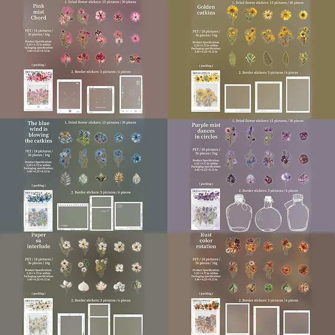 216PCS Scrapbook Stickers Set,Transparent Dried Flower Stickers for Journaling,Scrapbooking,Junk Journal Supplies,Photo Frame,Phone Case,Cups,Planner,DIY Craft(Dried Flowers)