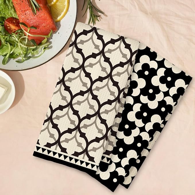 Black Beige Moroccan Kitchen Towels Set of 2, Retro Boho Abstract Dish Tea Towels for Kitchen Decor, Retro Mid Century Modern Hand Towel for Bathroom Decor, 16x24 Inches