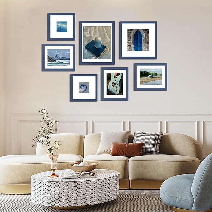 11x14 Picture Frame Set of 9 Photo Gallery Wall Frame Set Display Pictures 8x10 with Mat or 11 x 14 Without Multi Photo Frames for Wall Mounting or Table Top Display, Blue