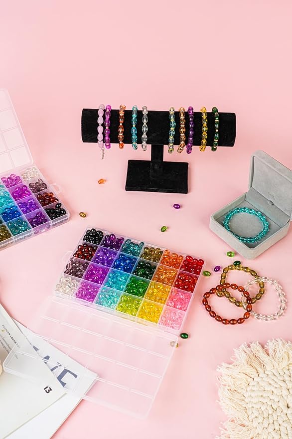 REVKI 8 * 10mm Glass Beads Bracelet Making Kit,500pcs 24 Colors Rice Shaped Natural Bamboo Crystal Beads for Jewelry Making,Teardrop Glass Beads for DIY Necklace Crafts