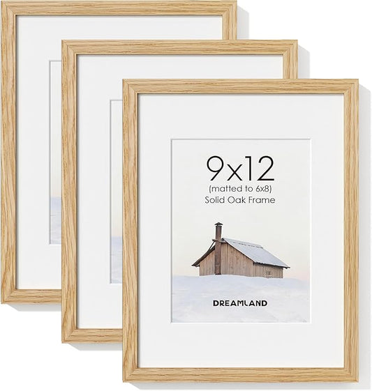 Dreamland Picture Frame 9x12, Solid Oak Wood Photo Frame with Mat for 6x8, 9 x 12 Matted Picture Frames with Resistant Plexiglass for Wall Art Photo and Prints, Oak Color, Set of 3