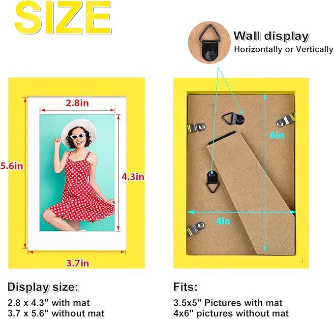 KINLINK 4x6 Frame Yellow, Solid Wood 4 x 6 Picture Frame with Acrylic Plexiglass for 3.5x5 with Mat, Tabletop and Wall Display Photo Frames 4x6 Yellow, 4 Pack