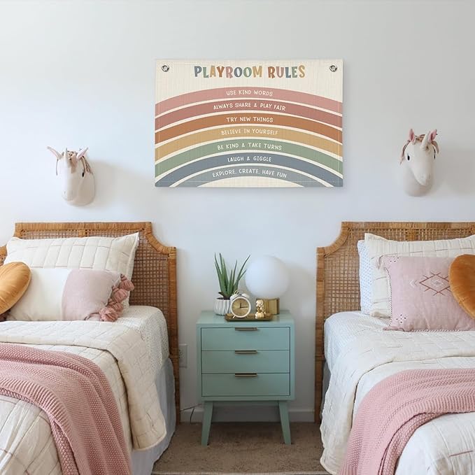 Playroom Rules Banner, Boho Rainbow Linen Canvas Banner Wall Hanging Flag Decor for Nursery Classroom Kids Room 30x20 Inch