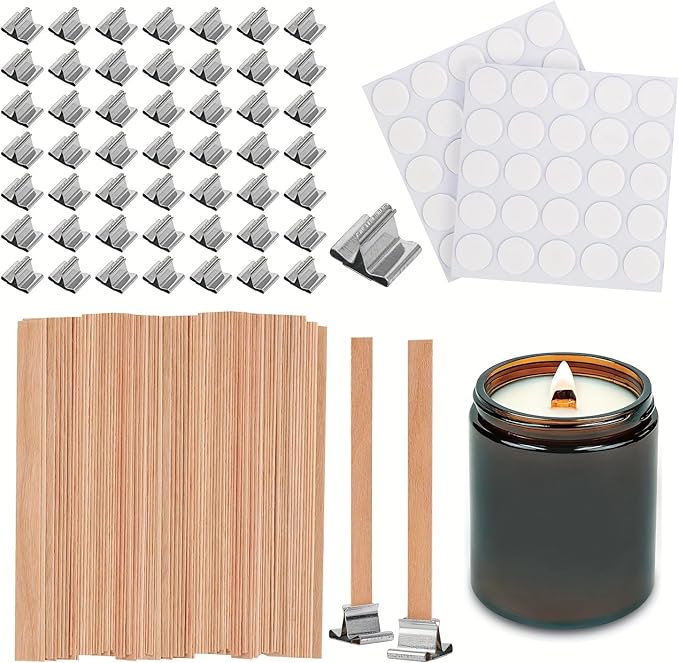 150pcs Wood Wicks for Candles Making,50pcs Wooden Candle Wicks,50pcs Wick Stickers,for Soy Wax, Beeswax, Coconut Wax - DIY Candle Making Supplies for Beginners & Professionals