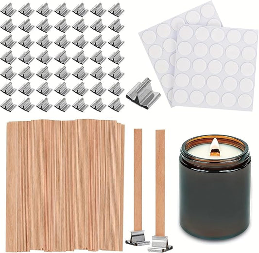 150pcs Wood Wicks for Candles Making,50pcs Wooden Candle Wicks,50pcs Wick Stickers,for Soy Wax, Beeswax, Coconut Wax - DIY Candle Making Supplies for Beginners & Professionals