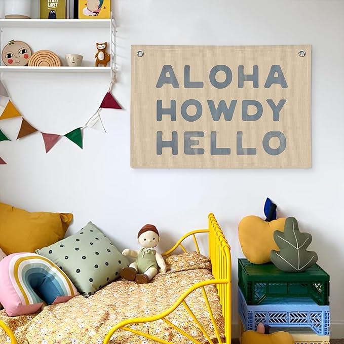 Blue Coastal Decor, Aloha Howdy Hello Banner, Vintage Coastal Cowgirl Decor Aesthetic, Coastal Granddaughter Room Decor, Linen Banner Wall Hanging Banner Flag