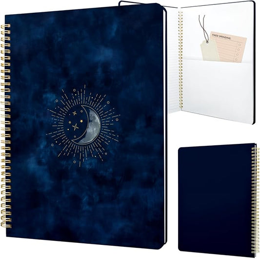 Cute Spiral Notebook journal A4 Aesthetic Pretty Design for Women Girls Kawaii with Pocket, 8.5 x 11 inch, Lined, Blue Moon