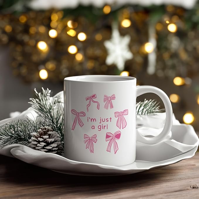 Cute Pink Bow Coffee Mug, I Am Just A Girl Ceramic Coffee Mugs, Coquette Cute Girly Mugs Gifts for Women Girls, 11oz Ceramic Cup White