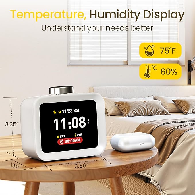 AIRIVO Alarm Clock, Colorful LCD Display with 8 Visual Themes, 4 Digital Alarms with 30 White Noise for Bedrooms, 112dB Loud Alarm Clock with Hourly Chime for Heavy Sleepers, Gift for Kids Teens
