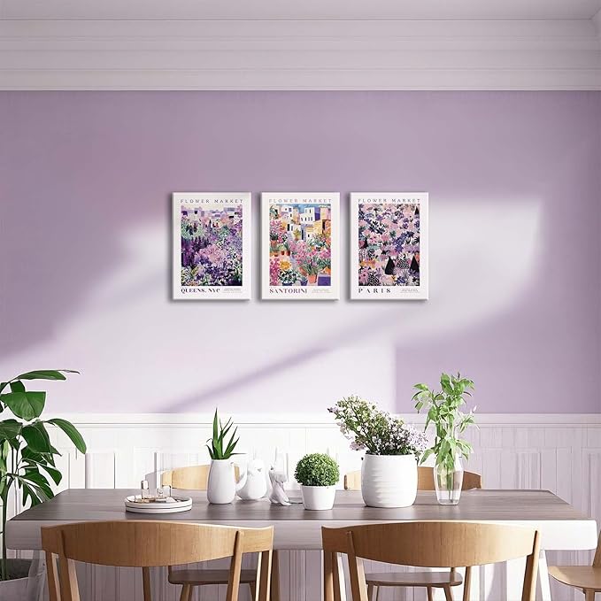 XLARTMY Flower Market Wall Art Prints Canvas Purple and Pink Floral Paintings Colorful Botanical Travel Flower Posters for Home Decor Pictures Set of 3 for Living Room Bedroom 12x16in