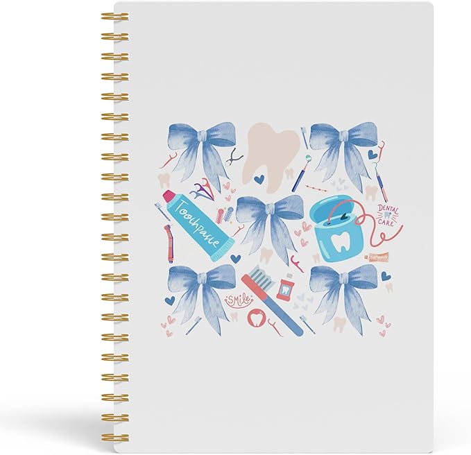 Evcprz Coquette Dentist Notebook Journal, Blue Bow Dental Hygienist Aesthetic Notebook, Cute Tooth Pattern Journal, Gifts for Dentist Assistant Women Girls, Spiral Notebook 5.5x8.3 Inch