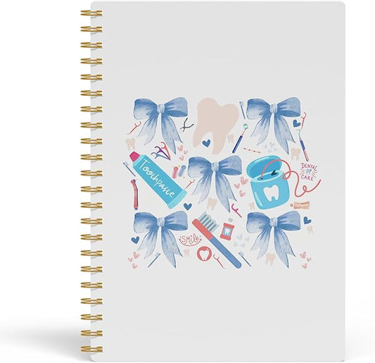 Evcprz Coquette Dentist Notebook Journal, Blue Bow Dental Hygienist Aesthetic Notebook, Cute Tooth Pattern Journal, Gifts for Dentist Assistant Women Girls, Spiral Notebook 5.5x8.3 Inch