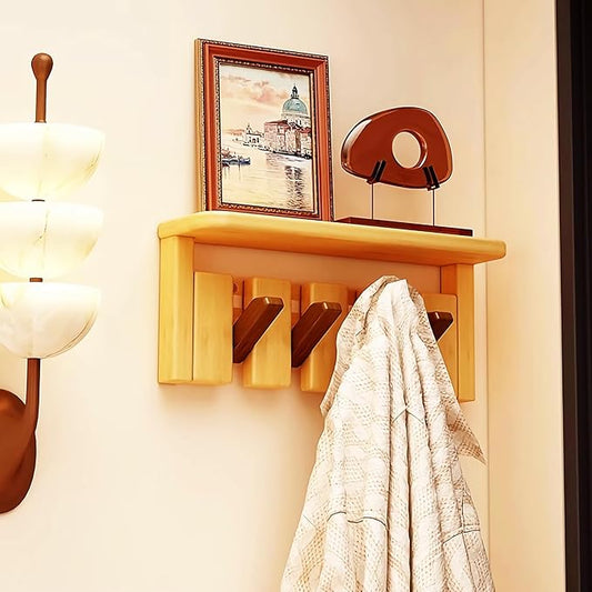 Wall Mounted Coat RackHooks Piano Key Hangers Natural Solid Wood Hanger Non-Woven Fabric Clothes Hangers for Closet, Kitchen, Bedroom, Bathroom, Entryway (Tray Walnut-Beech, 4 Hooks)