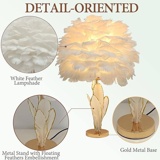 Chic White Feather Lamp Creative Furry Table Lamp Modern Feather Desk Lights Romantic Princess Bedside Nightstand Light for Teen Girls Bedroom Decor Living Room Wedding Christmas Kids Room