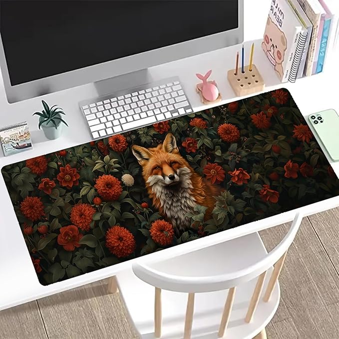 Elegant Fox Gaming Mouse Pad, Office Desk Mat, Anti-Slip Rubber Base Cool Aesthetic Mouse Pads for Computer Laptop Keyboard School Home Desktop Gamer Home Accessories Decor 31.5" x 11.8"