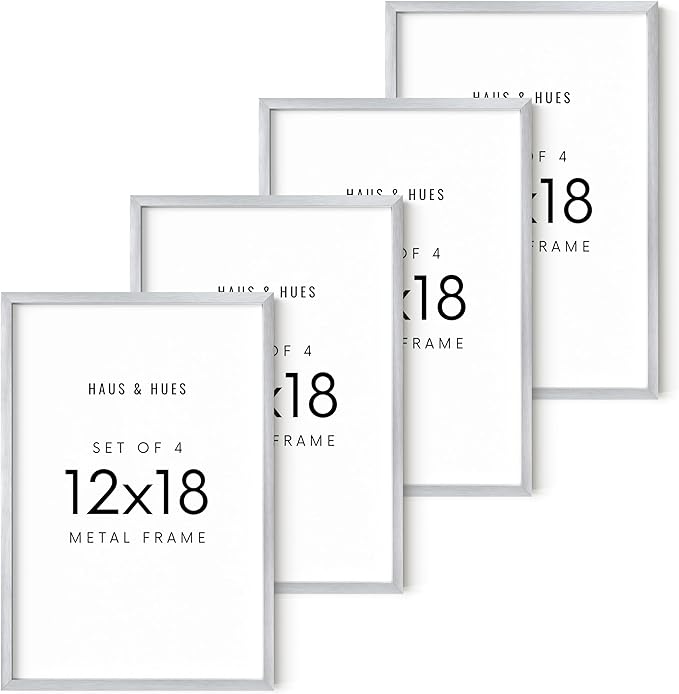 HAUS AND HUES 12x18 Silver Metal Picture Frames - Premium Aluminum with Vertical & Horizontal Hanging, Shatterproof Plexiglass - Perfect for Home or Office (12x18 in, Silver, Set of 4)