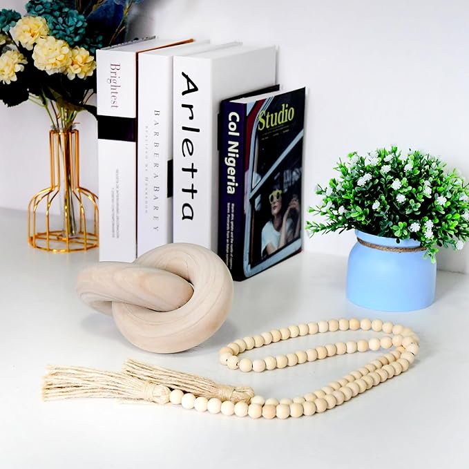 YiLiiod Wood Coffee Table Decor for Living Room, Hand Carved Chain Link Decoration, Modern Farmhouse and Boho Style Object