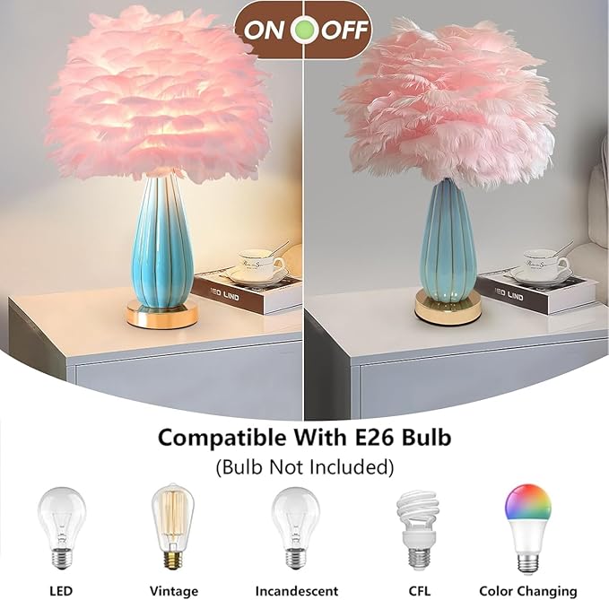 Pink Feather Table Lamp Creative Bedside Feather Lamp Simple Goose Furry Nightstand Light Fluffy Desk Lighting for Girl Bedroom Living Room Decoration Wedding Romantic Atmosphere