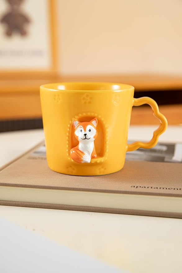 DIHOclub Fox Ceramic Cup Window Animals Mug Cute Cartoon Handmade Figurine Mugs,Holiday and Birthday Gift for Daughter,Son,Kids,9 OZ (Orange)