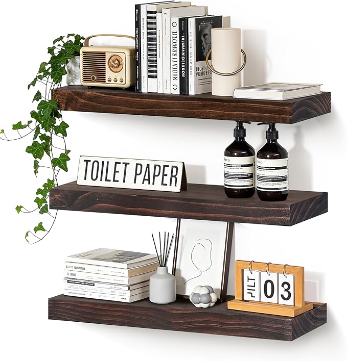 Floating Wall Shelves 24x6.8x1.7 Inch – Solid Wood Rustic Shelves in Walnut Finish – Wall Mounted Display Shelf for Bathroom, Kitchen, Bedroom – Set of 3