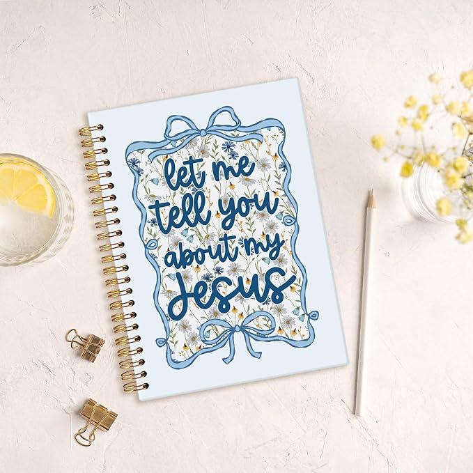 MOFUYU Coquette Blue Bow Floral Christian Notebook,Journal for Women,Coquette Blue Bow Floral Notebook, Gifts for Christian Women Men,Let Me Tell You About My Jesus,Religious Journals for Writing 5.5x8.3