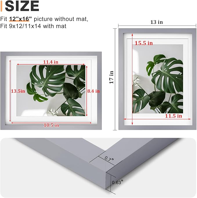 Egofine 12x16 Picture Frames with Plexiglass, Display Pictures 9x12/11x14 with Mat or 12x16 Without Mat Set of 4 for Wall Mounting,Light Grey