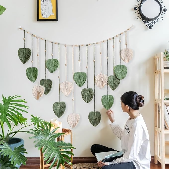 Avoik Macrame Woven Wall Hanging Tapestry Boho Chic Home Decor Woven Green Leaf Large Tapestry Wall Art Decor Handmade Feather for Bedroom Living Room Apartment Hanging Decorations, 47x29 inch