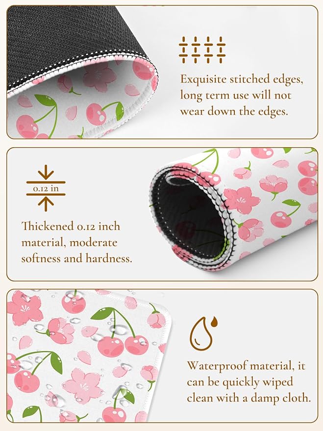 Cute Cherries Mouse Pad,Waterproof Aesthetics Flower Mouse Pads Design, Non-Slip Rubber Base Computer Simple Funny Mousepad,Small Mouse Mat Desk Accessories Office Supplies,Pink Cherry Floral