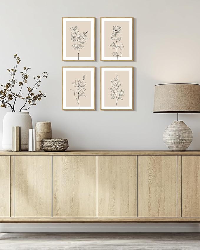 Drsoum Botanical Boho Framed Wall Art Wooded Minimalist Aesthetic Flower Prints Farmhouse Retro Plants Rustic Bathroom Kitchen Home Decor Ready to Hang 11x14inx4pcs (Natural Framed)
