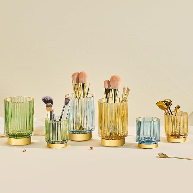 Makeup Brush Holder Organizer,Toothbrush Holders,Desk Pen Pencil Holder,Multifunctional Vintage Glass Brush Cup（S+L/Milky White/A3-5-US）
