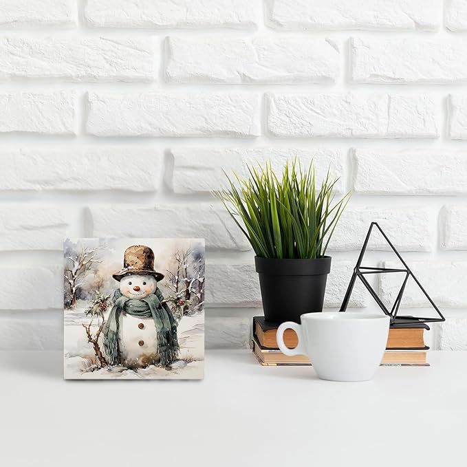 OFlich Vintage Snowman Wooden Box Sign, Rustic Winter Snowman Sign for Home Office Desk Table Shelf Decor, Winter Home Decor, 5x5 Inch
